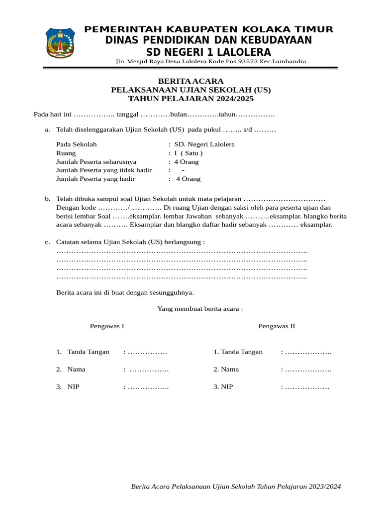 Berita Acara Ujian Sekolah SD Lalolera 2024 PDF Berita Acara Ujian Sekolah SD Lalolera 2024 PDF