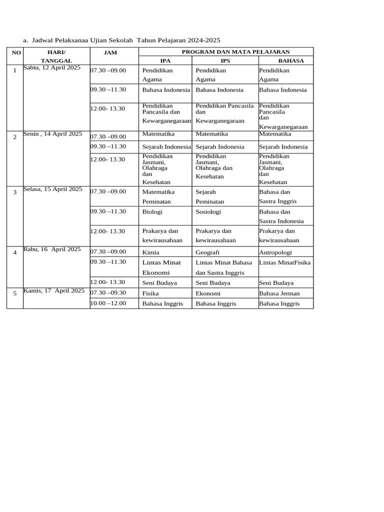 Jadwal Ujian Sekolah 2024-2025 PDF