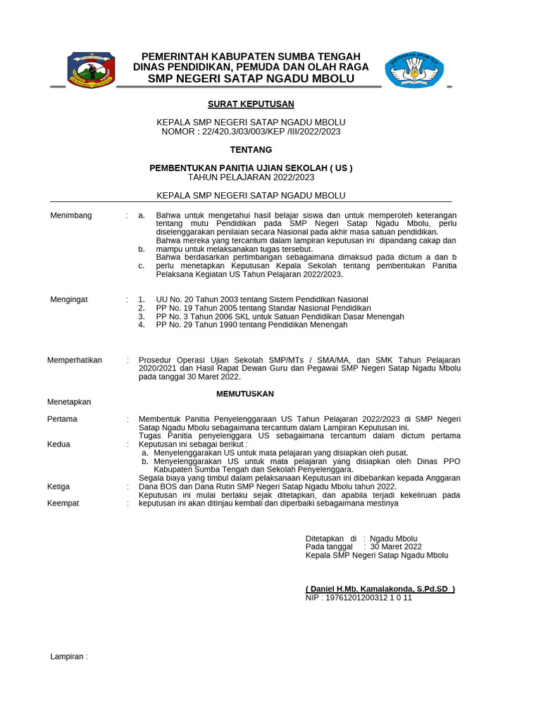 Pembentukan Panitia Ujian Sekolah SMP PDF