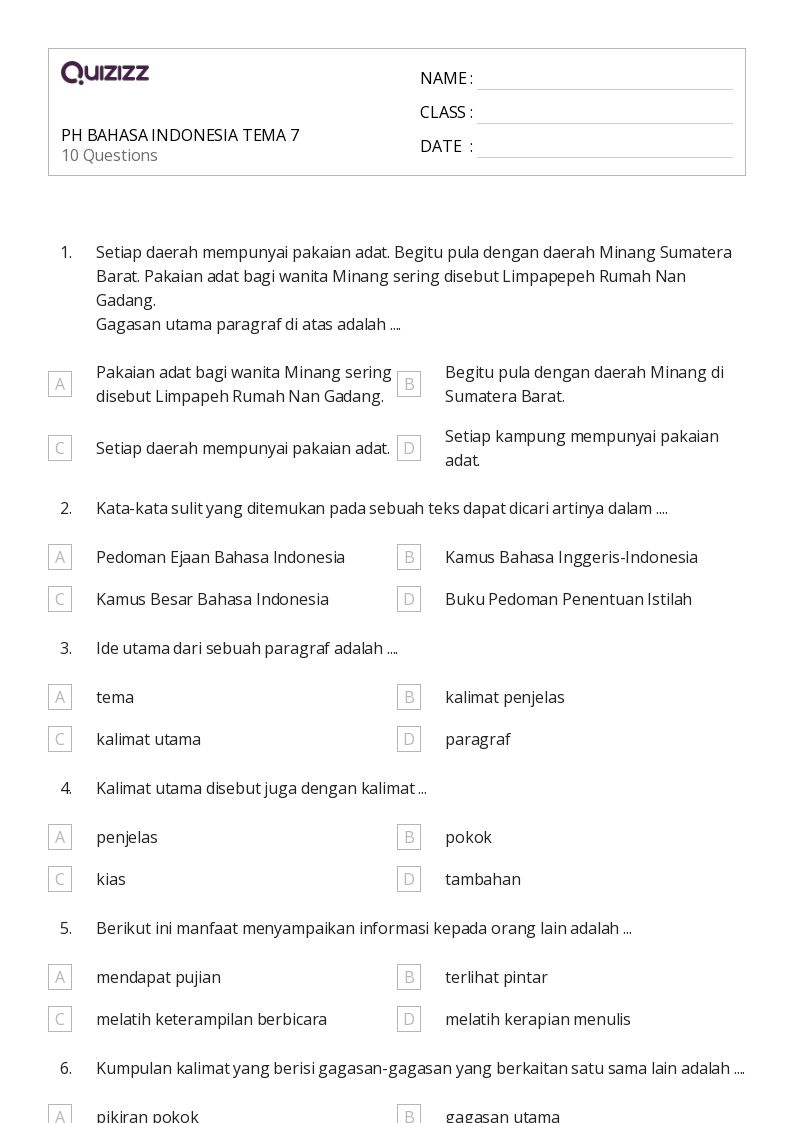 50 lembar kerja Bahasa dan Kosakata untuk Kelas 4 di Quizizz Gratis