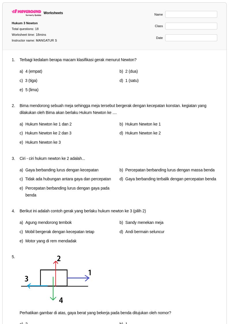 50 lembar kerja Hukum Gerak Newton untuk Kelas 7 di Wayground Gratis