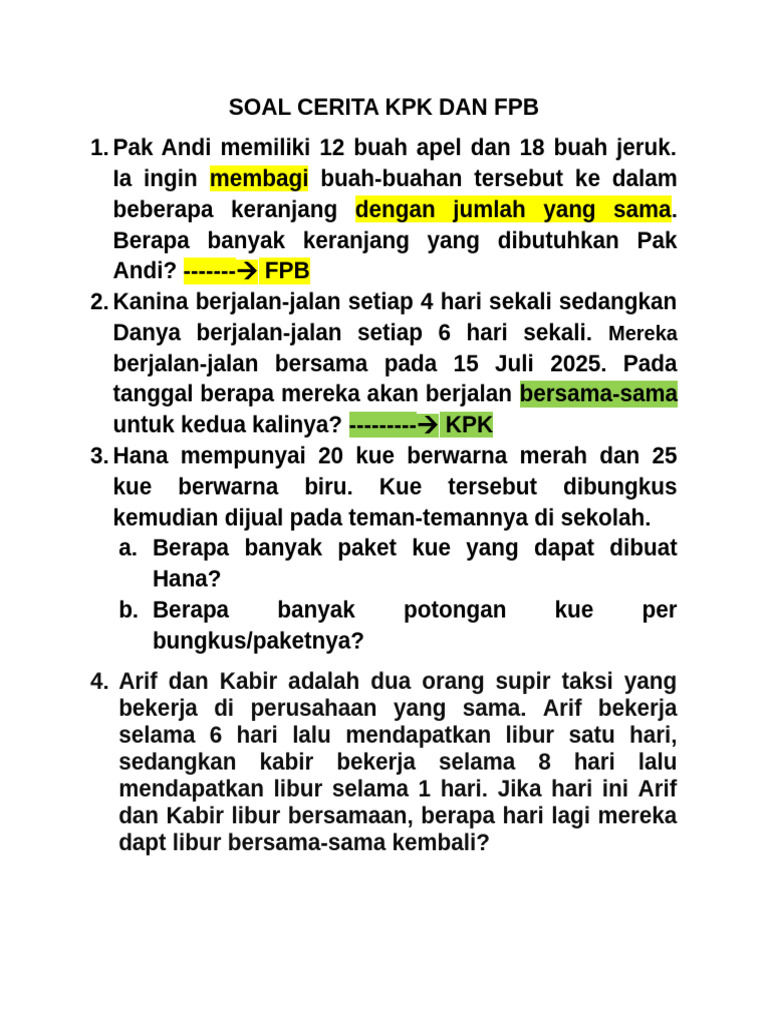 Soal Cerita FPB dan KPK Kelas 5 PDF