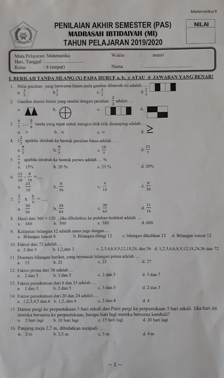5 Contoh Soal Matematika K17 Kelas 4 Semester 1 yang Sering Keluar di UAS Wajib Dipelajari