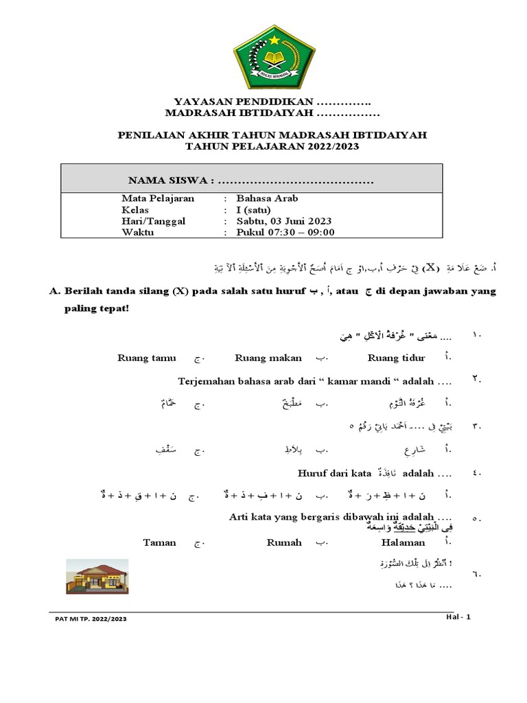 Soal PAT Bahasa Arab Kelas 1 MI PDF Soal PAT Bahasa Arab Kelas 1 MI PDF