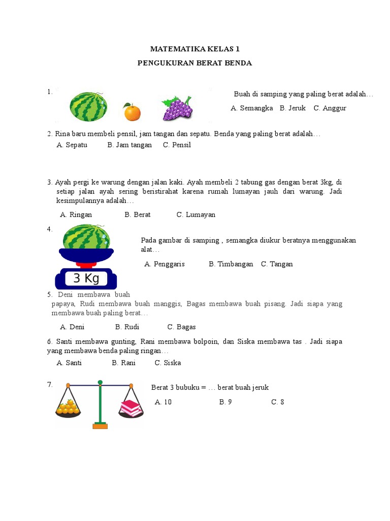 7 Contoh Soal Matematika Kelas 1 SD Berat Benda yang Jarang Diketahui Guru dan Orang Tua