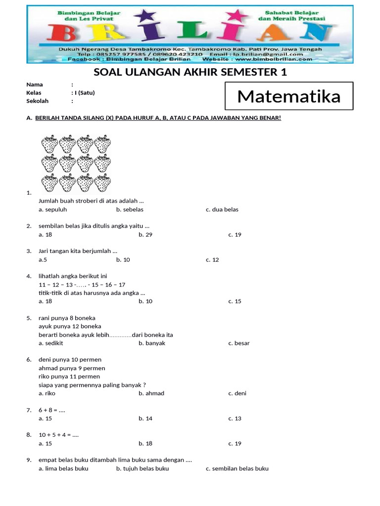 7 Rahasia Contoh Soal Matematika Kelas 1 K13 Revisi Semester 1 Bikin Anak Cepat Paham