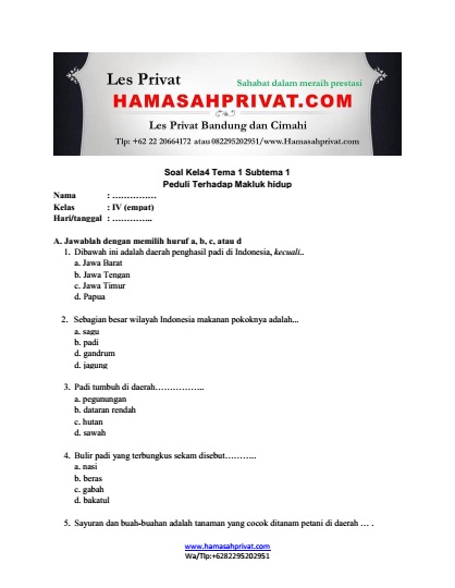 Soal tematik tema 3 subtema 1 kelas 4 Peduli Terhadap Makhluk Hidup Soal tematik tema 3 subtema 1 kelas 4 Peduli Terhadap Makhluk Hidup