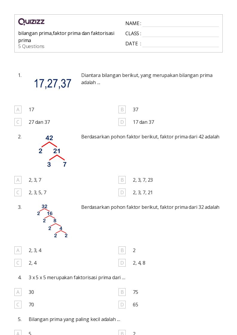50 lembar kerja Bilangan Prima dan Komposit untuk Kelas 5 di Quizizz 50 lembar kerja Bilangan Prima dan Komposit untuk Kelas 5 di Quizizz