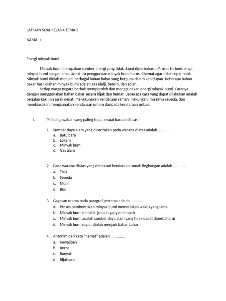 Latihan Soal Kelas 4 Tema 2 PDF Latihan Soal Kelas 4 Tema 2 PDF