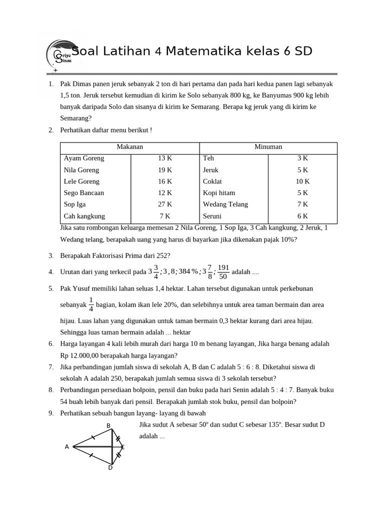 Soal Latihan 4 Matematika Kelas 6 SD PDF Soal Latihan 4 Matematika Kelas 6 SD PDF