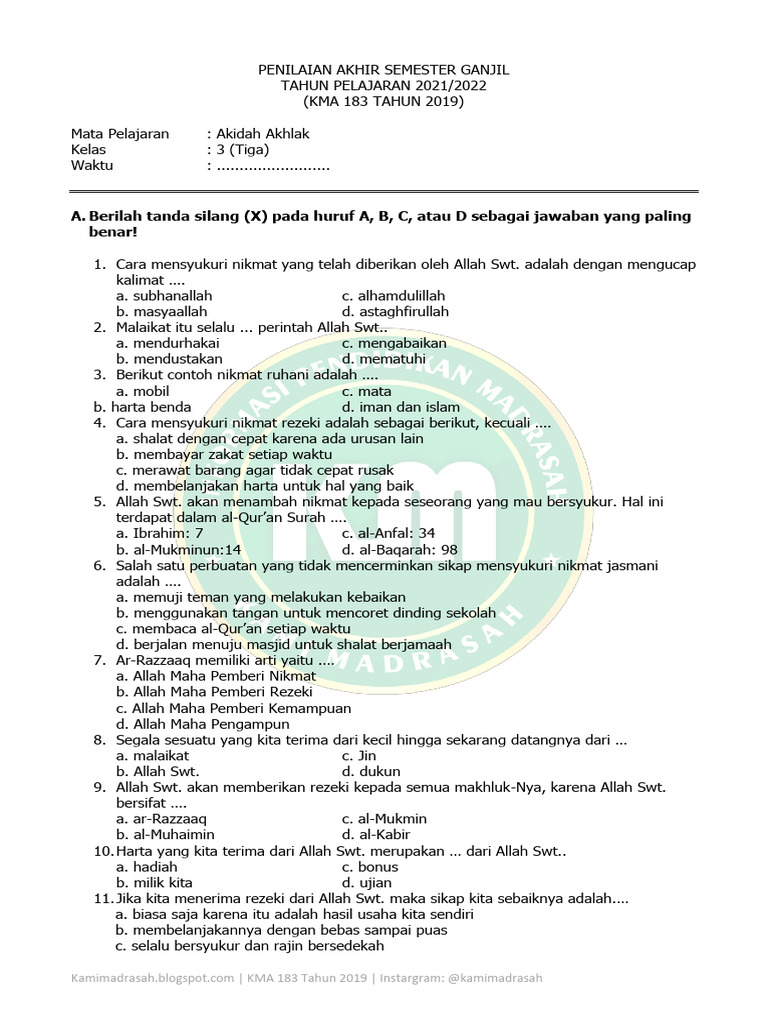 Rahasia Lulus Nilai Sempurna dengan Kumpulan Soal UAS Akidah Akhlak Kelas 3 Semester 1