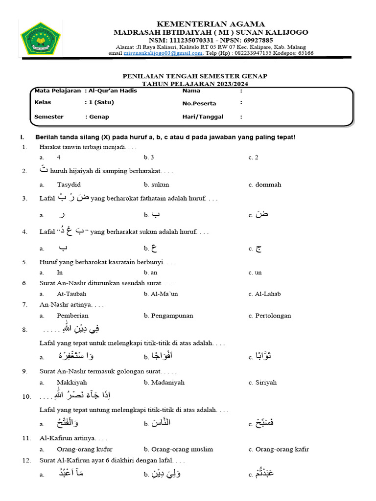 Rahasia Lulus Sempurna dengan Latihan Soal UKK Kelas 1 MI Alquran Hadits Terbaru