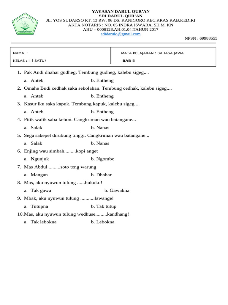 Rahasia Nilai Sempurna Latihan Soal UKK Bhs Jawa Kelas 1 SD Semester 2 Terbaru